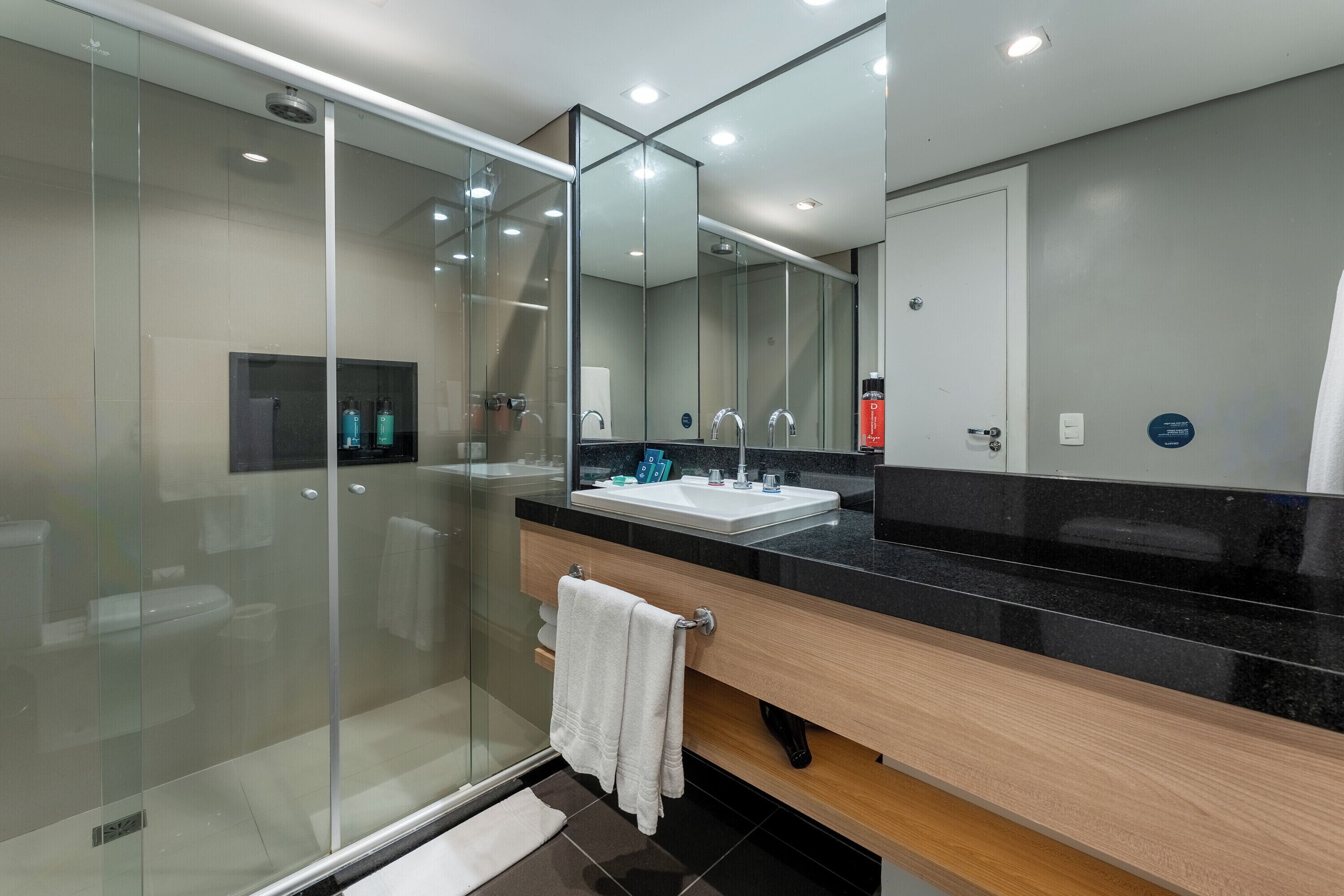 A modern bathroom with a glass shower enclosure, a vanity with a black countertop, and a large mirror above the sink.
