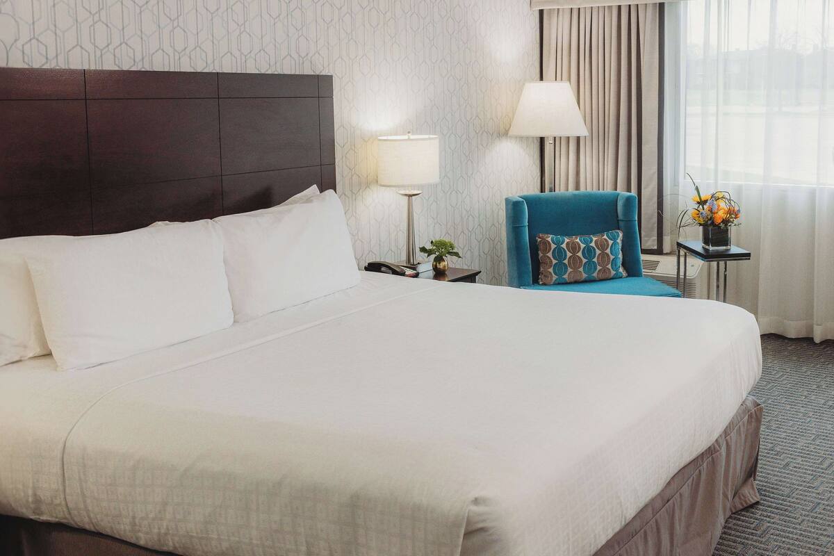 A hotel room with a large bed, a nightstand, a lamp, a chair, and a window with curtains.