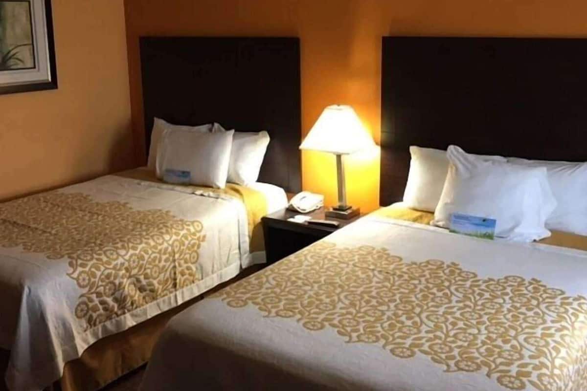 A hotel room with two beds, a nightstand with a lamp, and a framed picture on the wall.