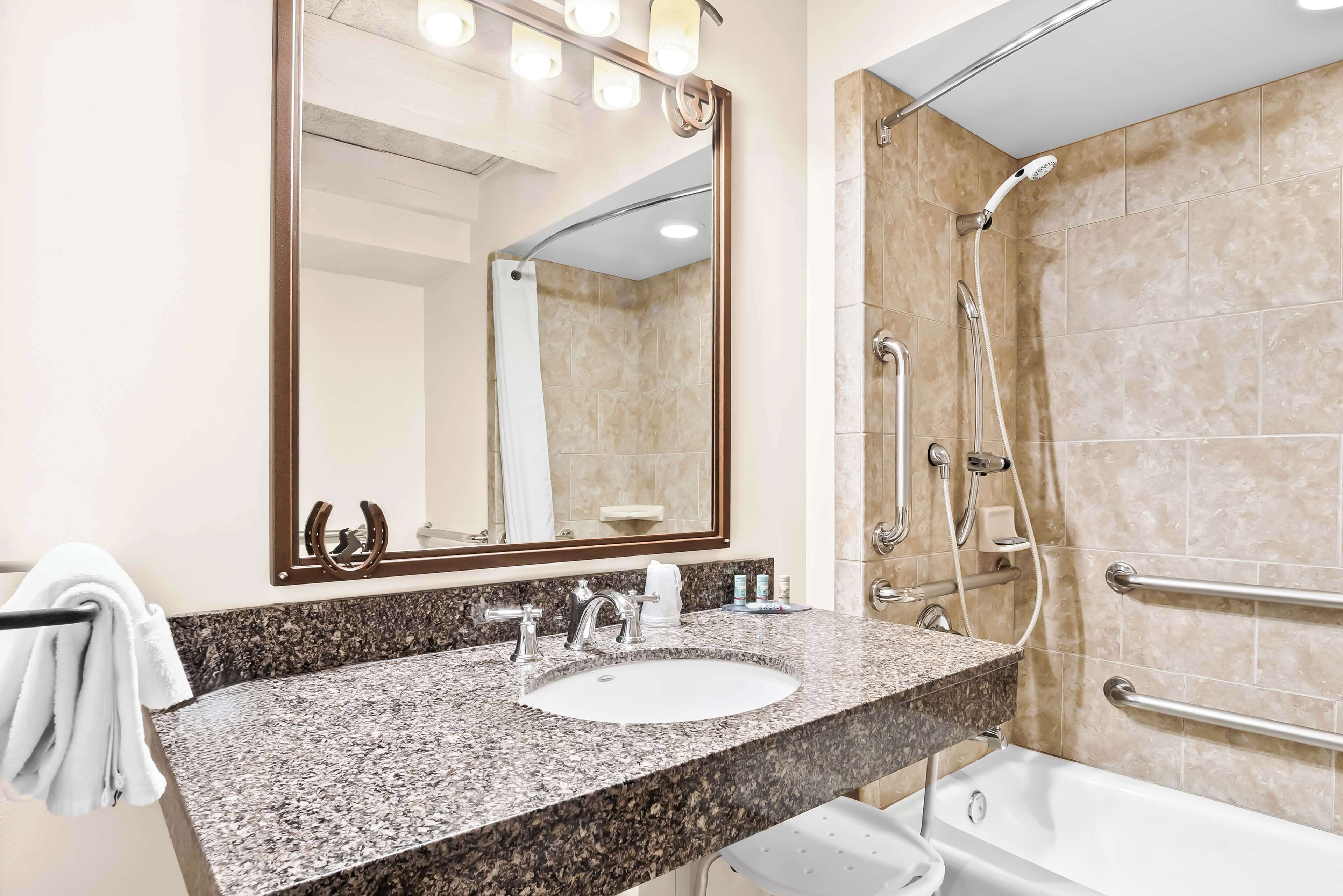 combined shower/bathtub, free toiletries, hair dryer, towels