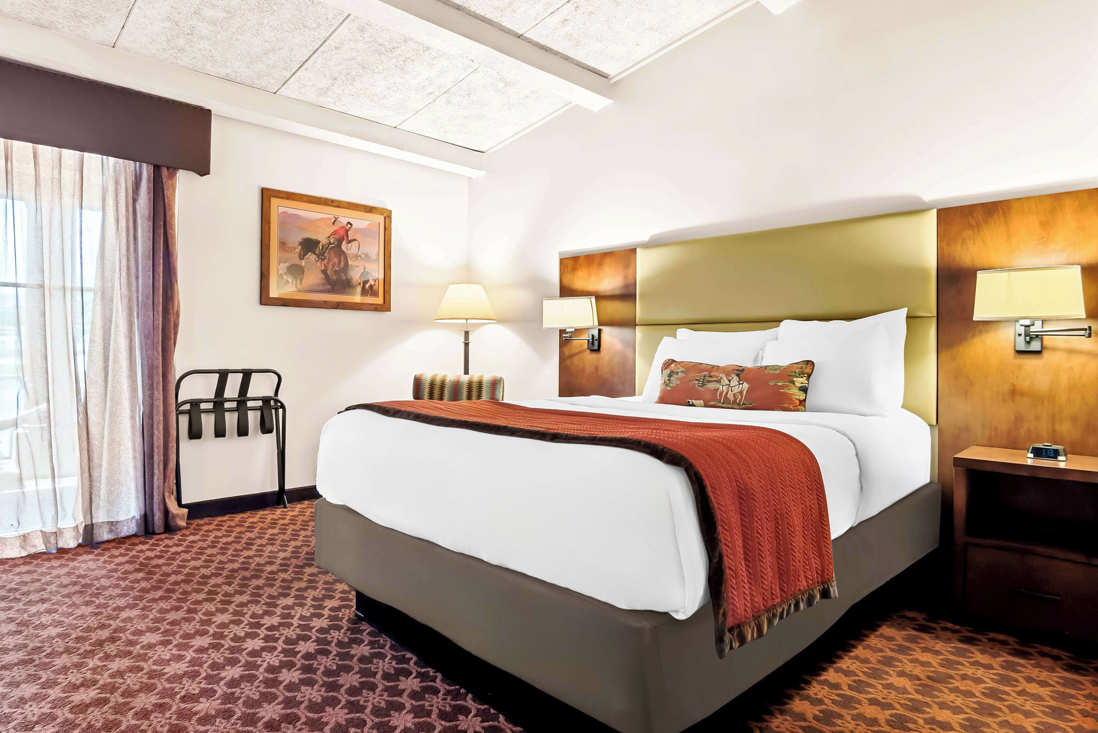 hypo-allergenic bedding, desk, laptop workspace, blackout curtains