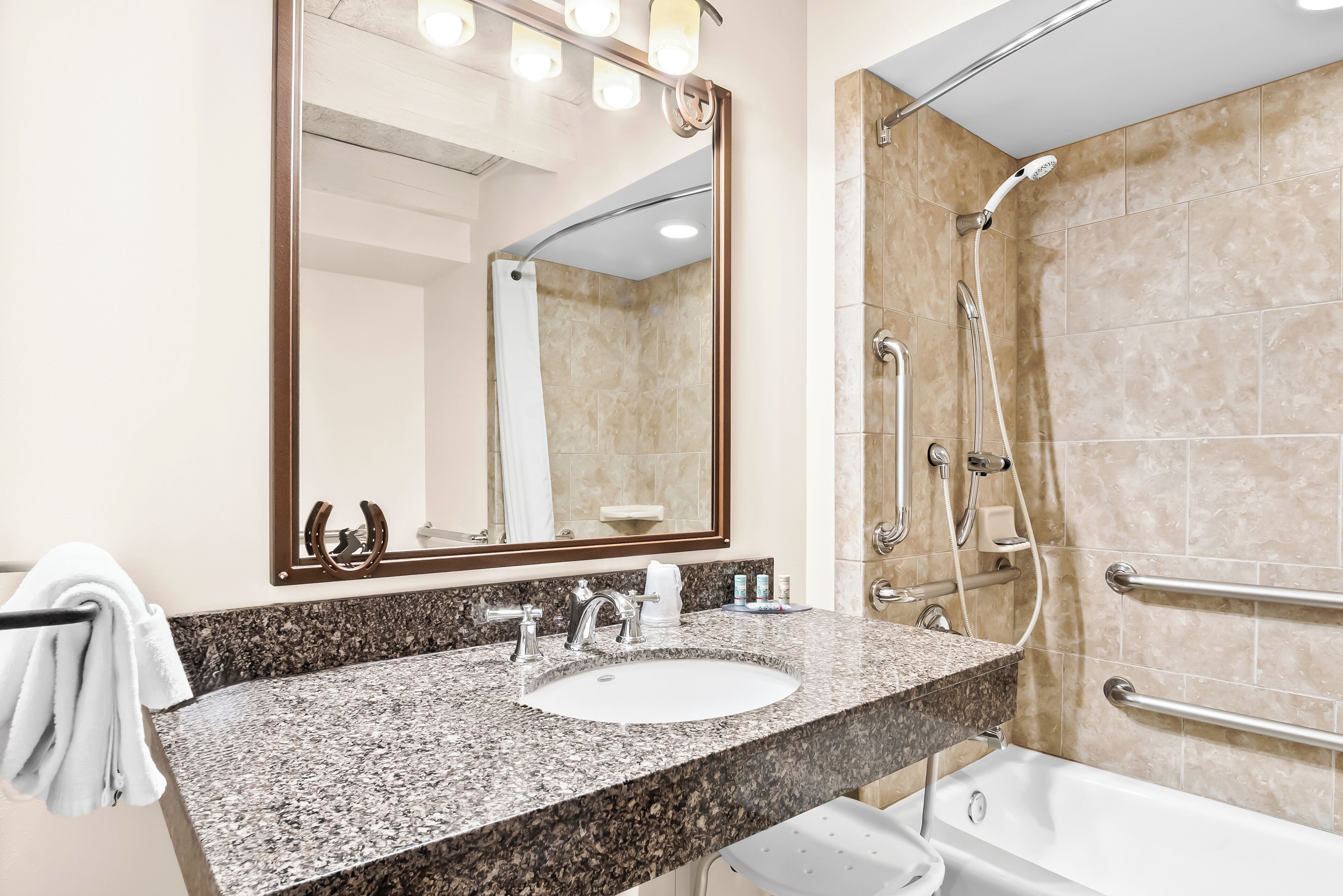 combined shower/bathtub, free toiletries, hair dryer, towels