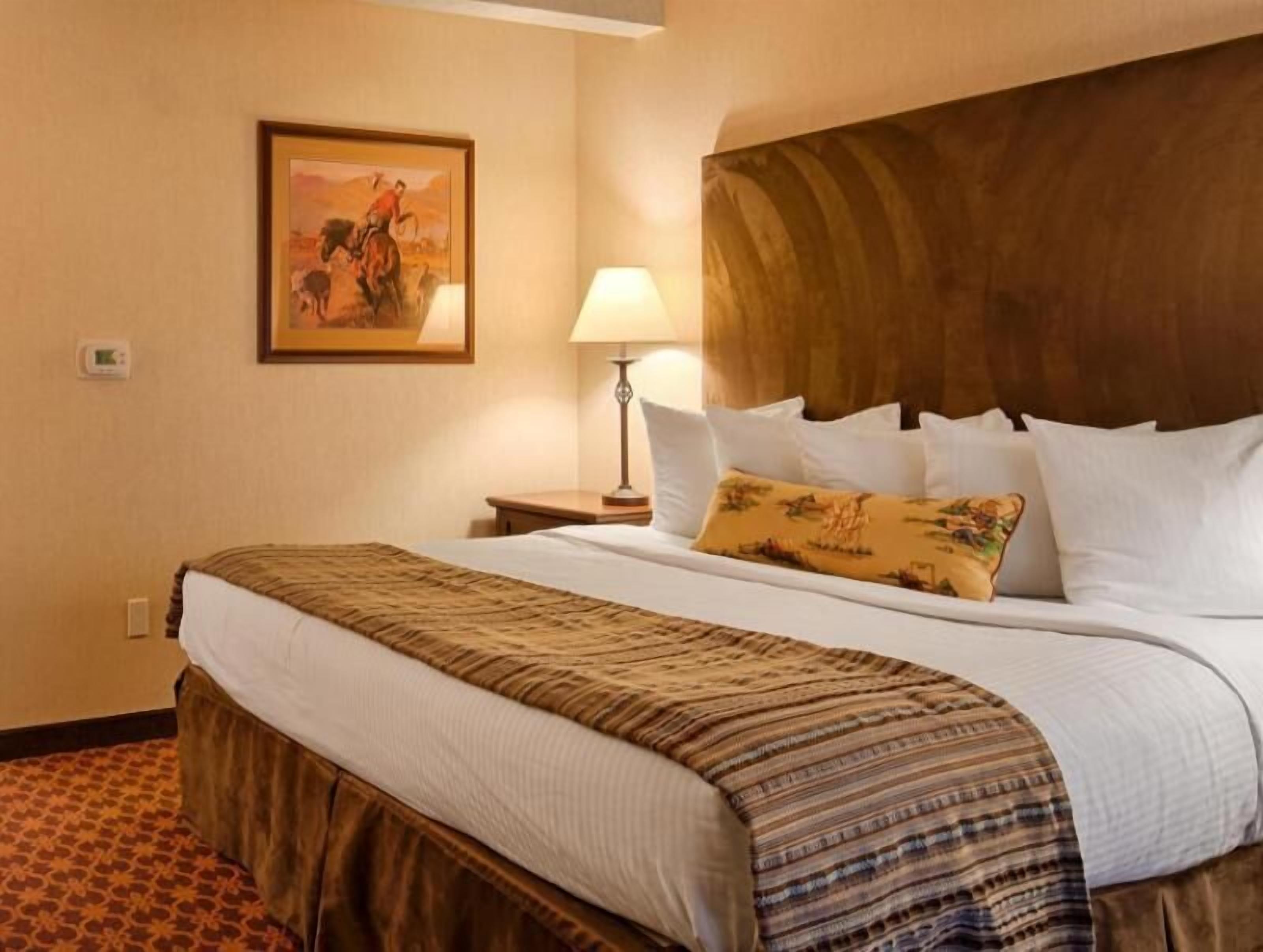 Hypo-allergenic bedding, desk, laptop workspace, blackout drapes