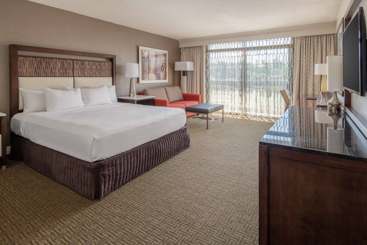 A hotel room with a large bed, a desk, a sofa, and a TV.