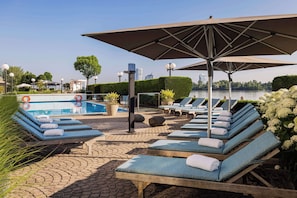 Seasonal outdoor pool, pool umbrellas, sun loungers
