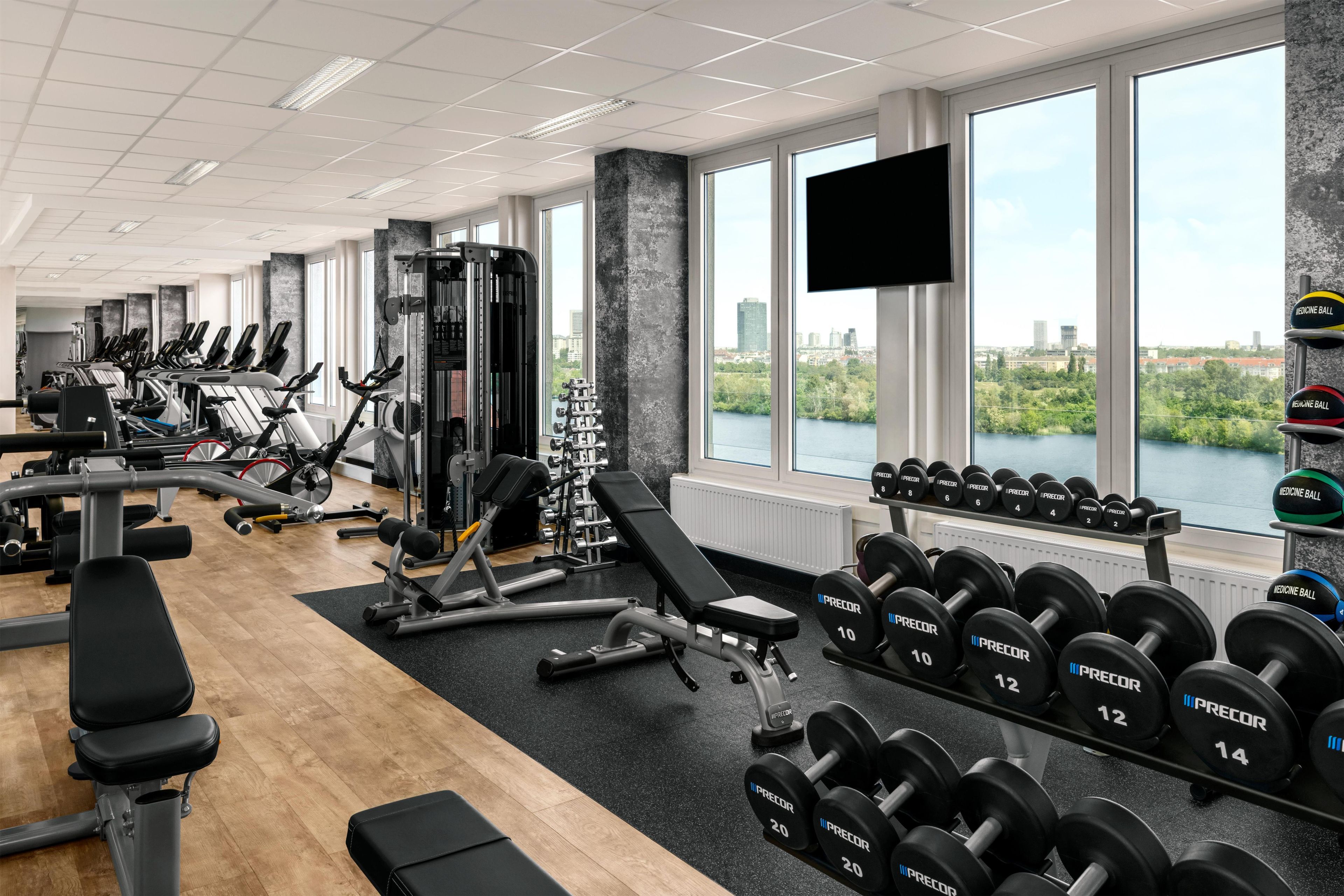 A gym with cardio machines, weightlifting equipment, and dumbbells.