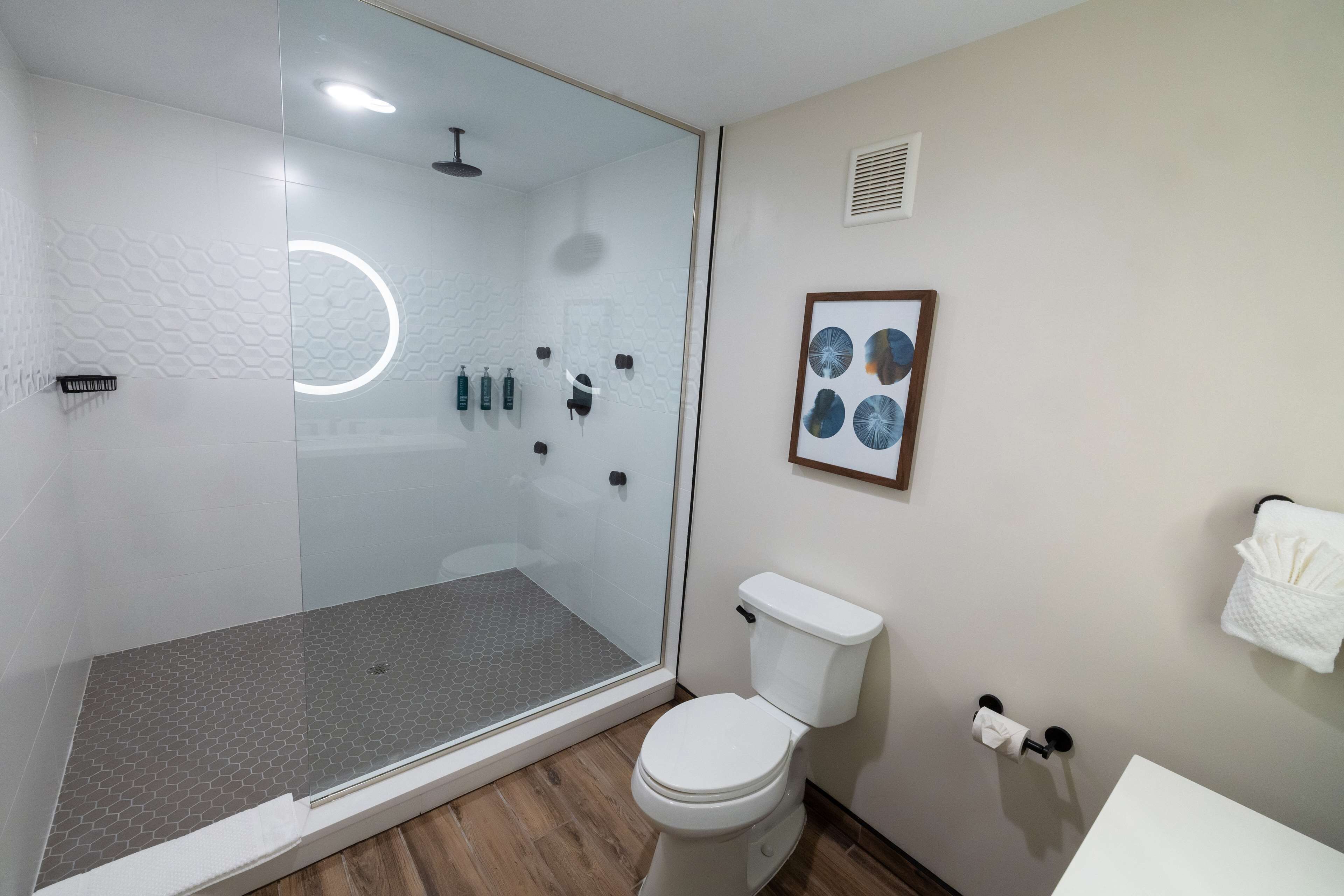 Une salle de bain moderne avec une douche à parois de verre, des toilettes et un lavabo.