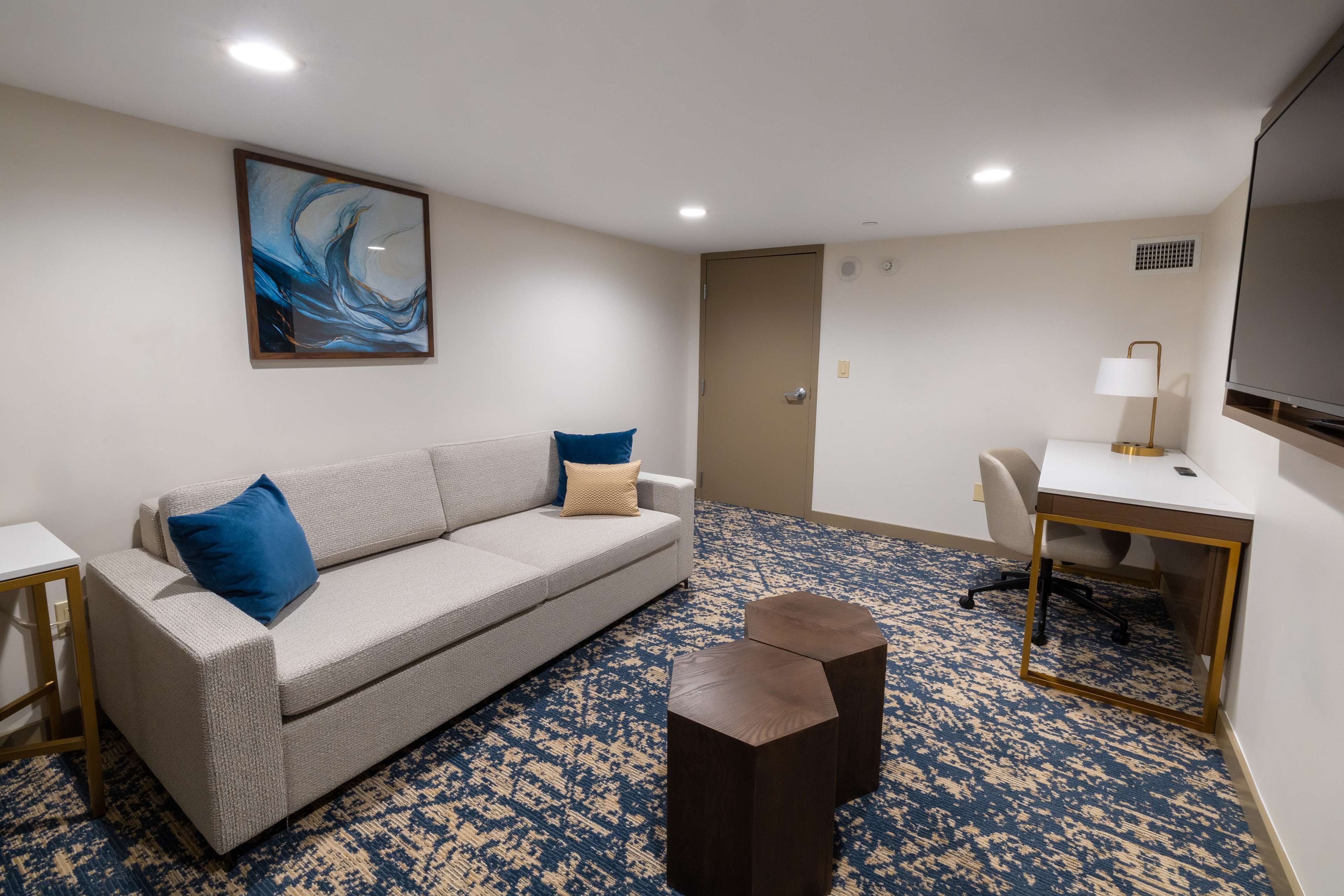 Una habitación de hotel moderna con un sofá gris, un escritorio pequeño, una silla y una alfombra azul estampada.
