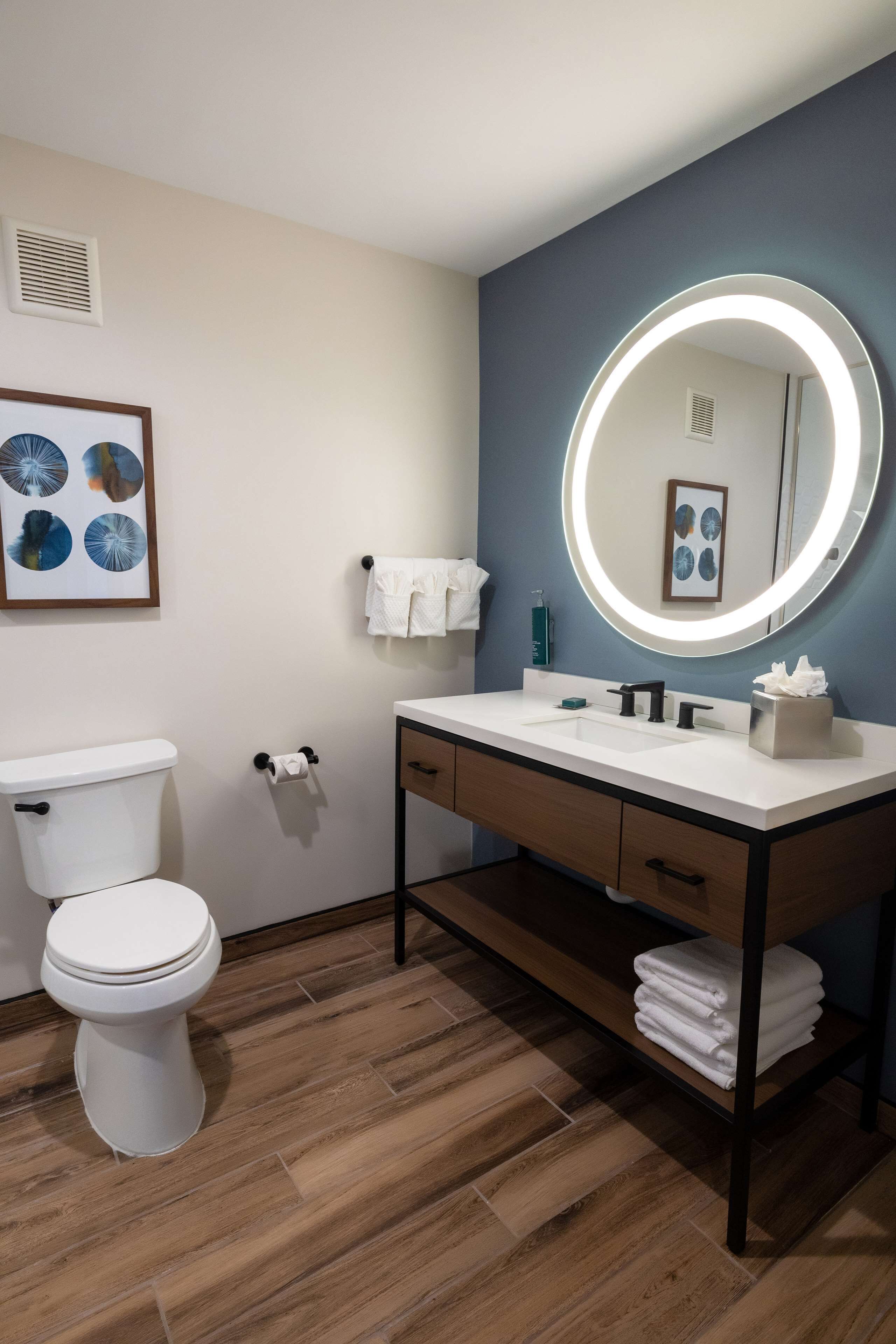 A modern bathroom with a white toilet, a vanity with a mirror, and a wooden floor.