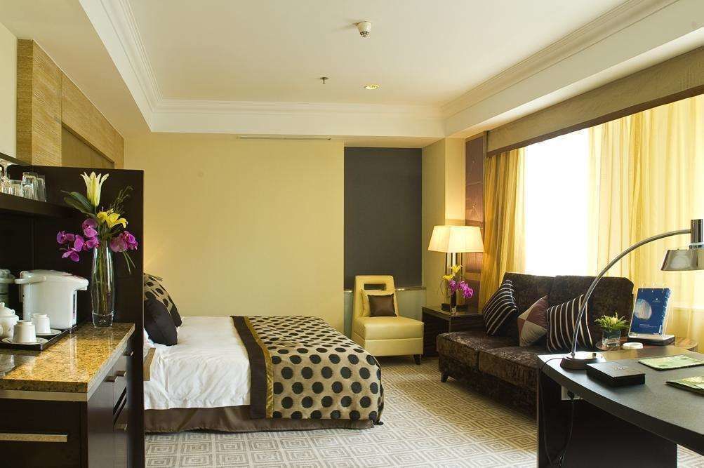 A hotel room with a bed, a desk, a chair, a sofa, a lamp, and a window with curtains.