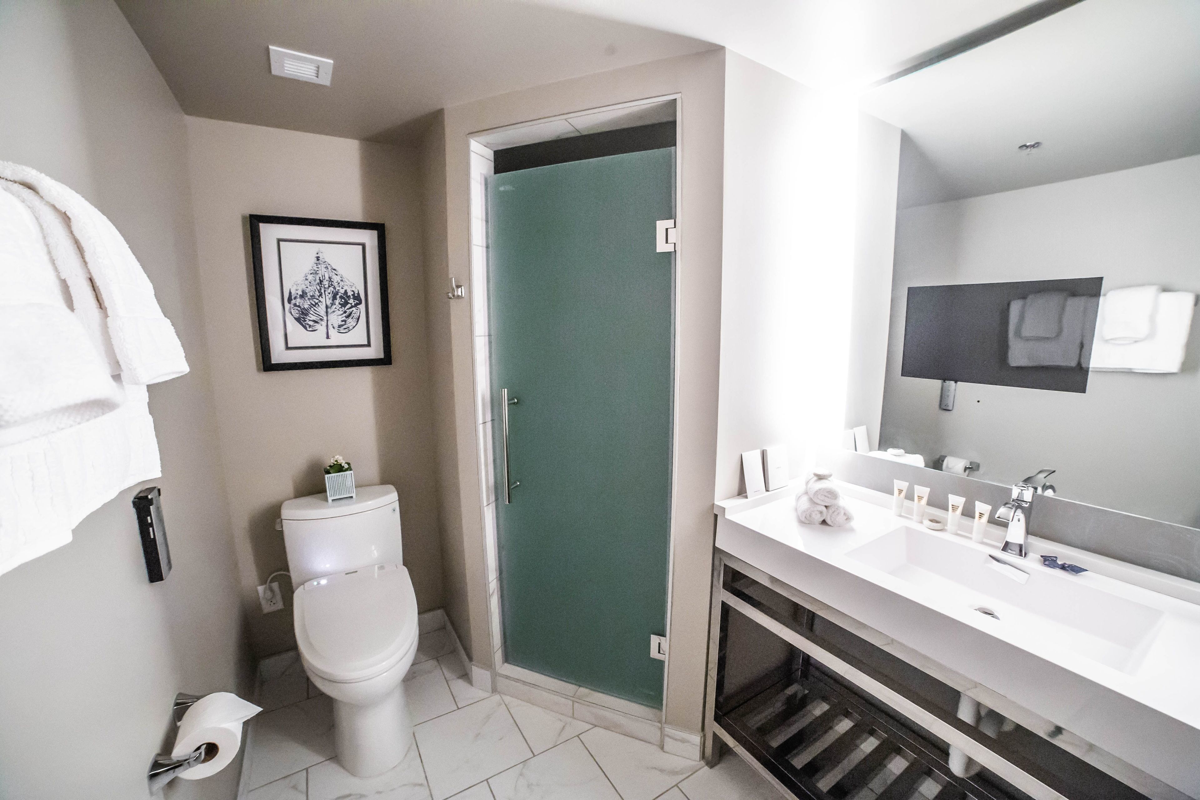 shower, designer toiletries, hair dryer, dressing gowns