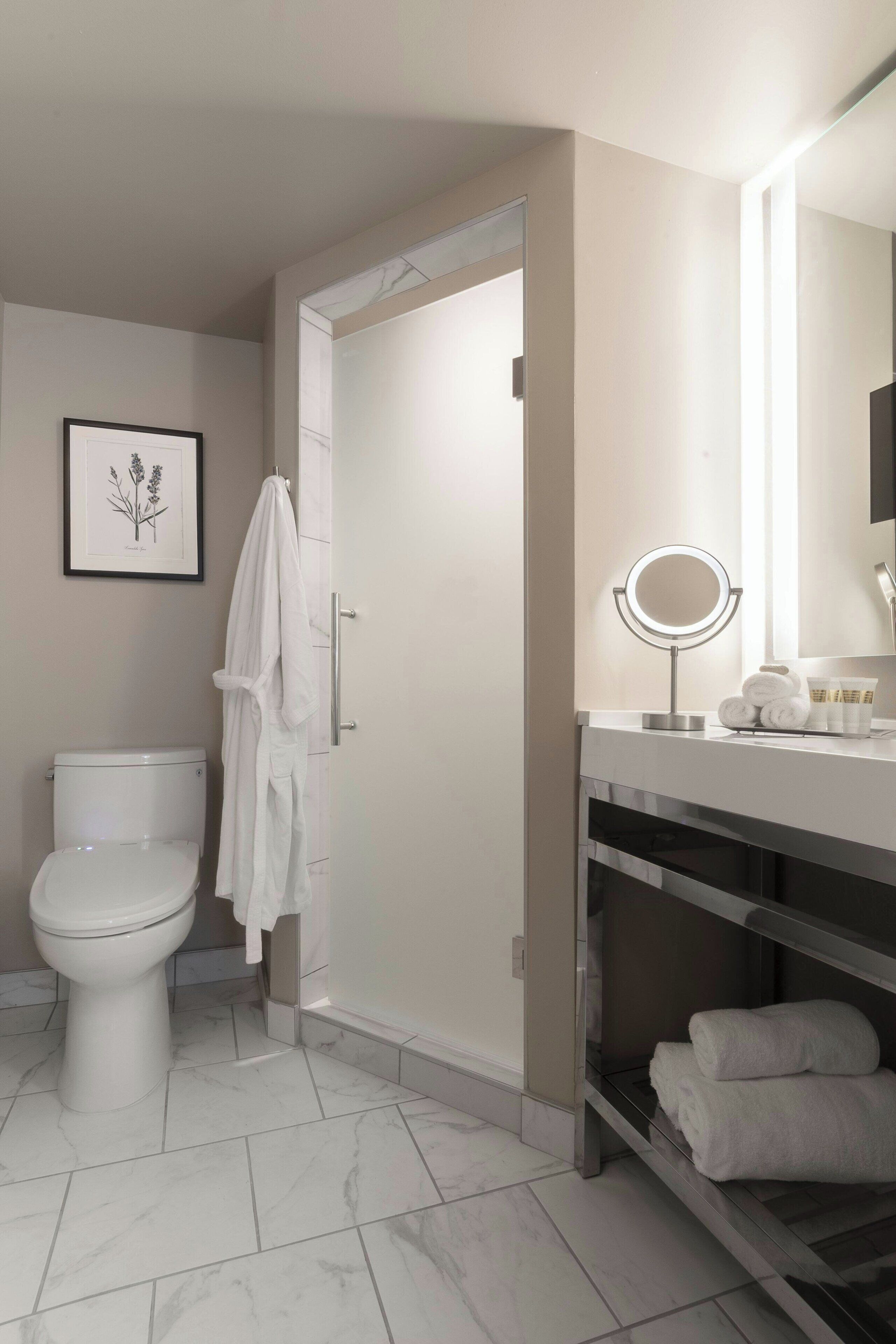 shower, designer toiletries, hair dryer, dressing gowns