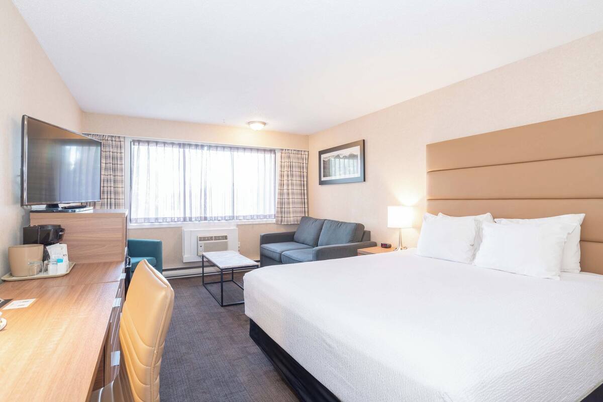 A hotel room with a bed, a desk with a chair, a sofa, a television, and a window with curtains.