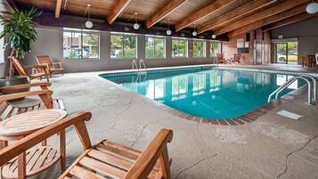 Indoor pool, open 10:00 AM to 9:00 PM, sun loungers