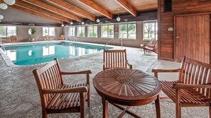 Indoor pool, open 10:00 AM to 9:00 PM, pool loungers