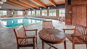 Indoor pool, open 10:00 AM to 9:00 PM, pool loungers