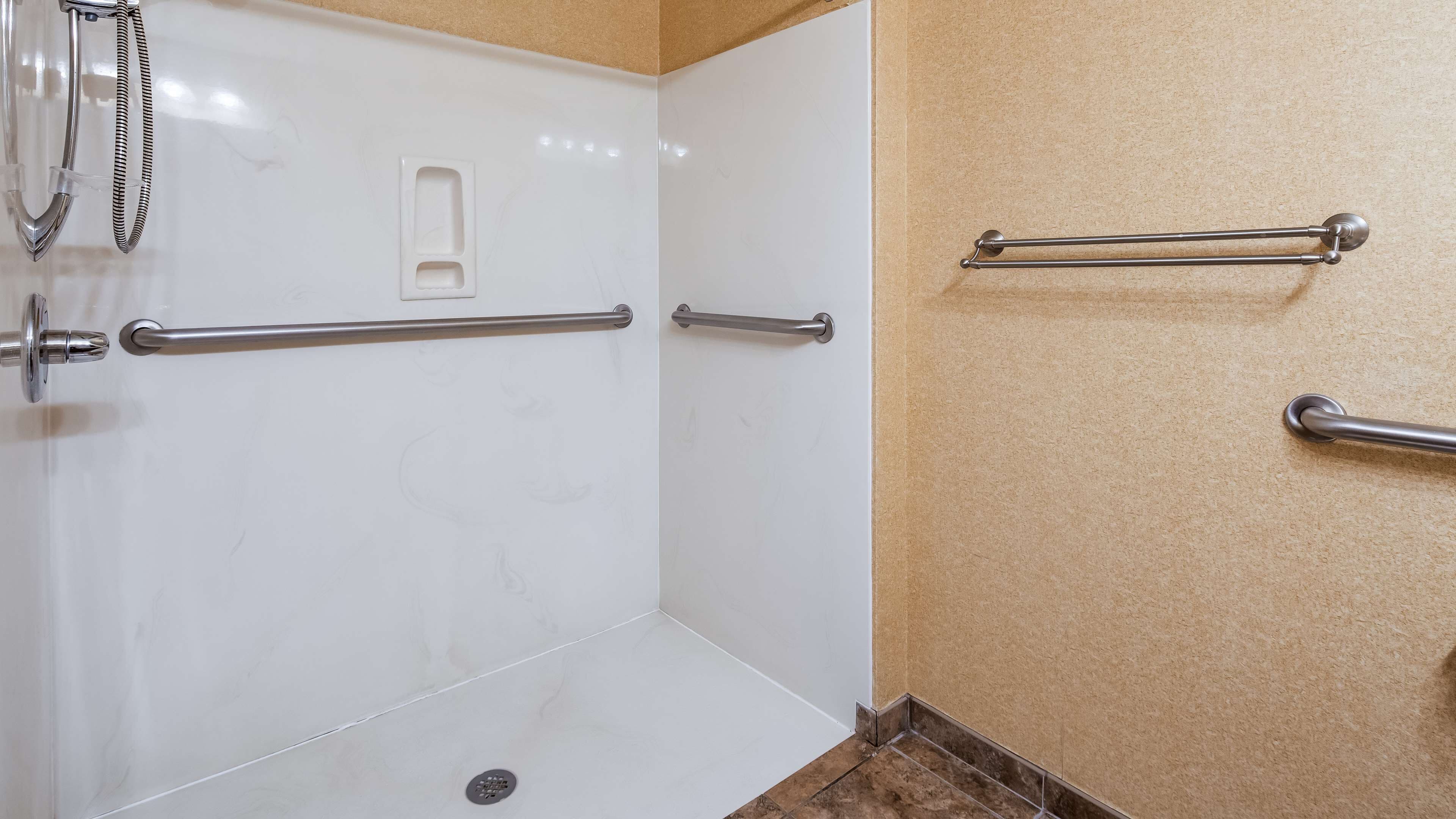 standard room, 1 king bed, accessible, non smoking | bathroom | hair dryer, towels, soap, shampoo