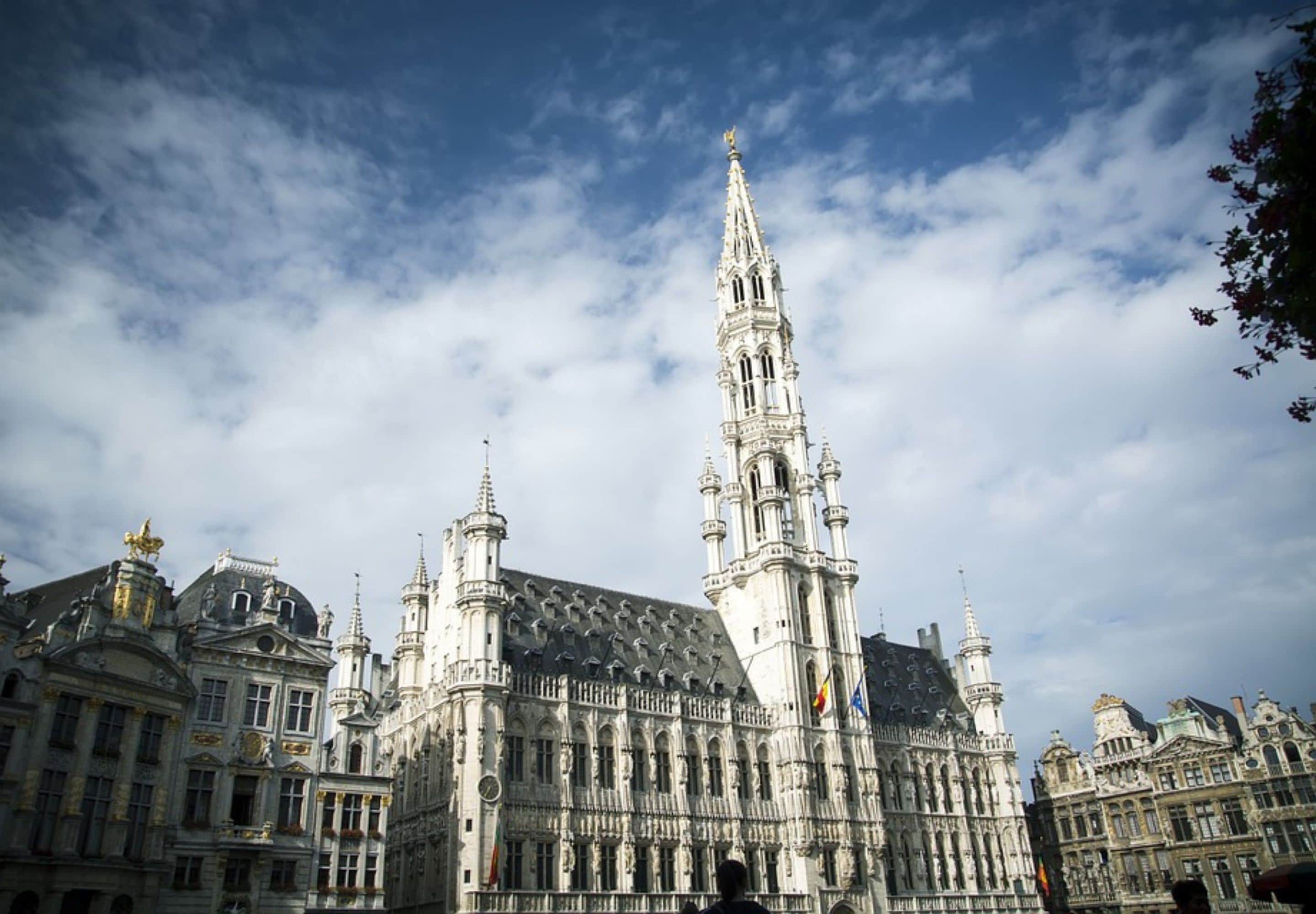 Een historisch gebouw met gedetailleerde architectuur, waaronder een opvallende toren en meerdere spitsen.