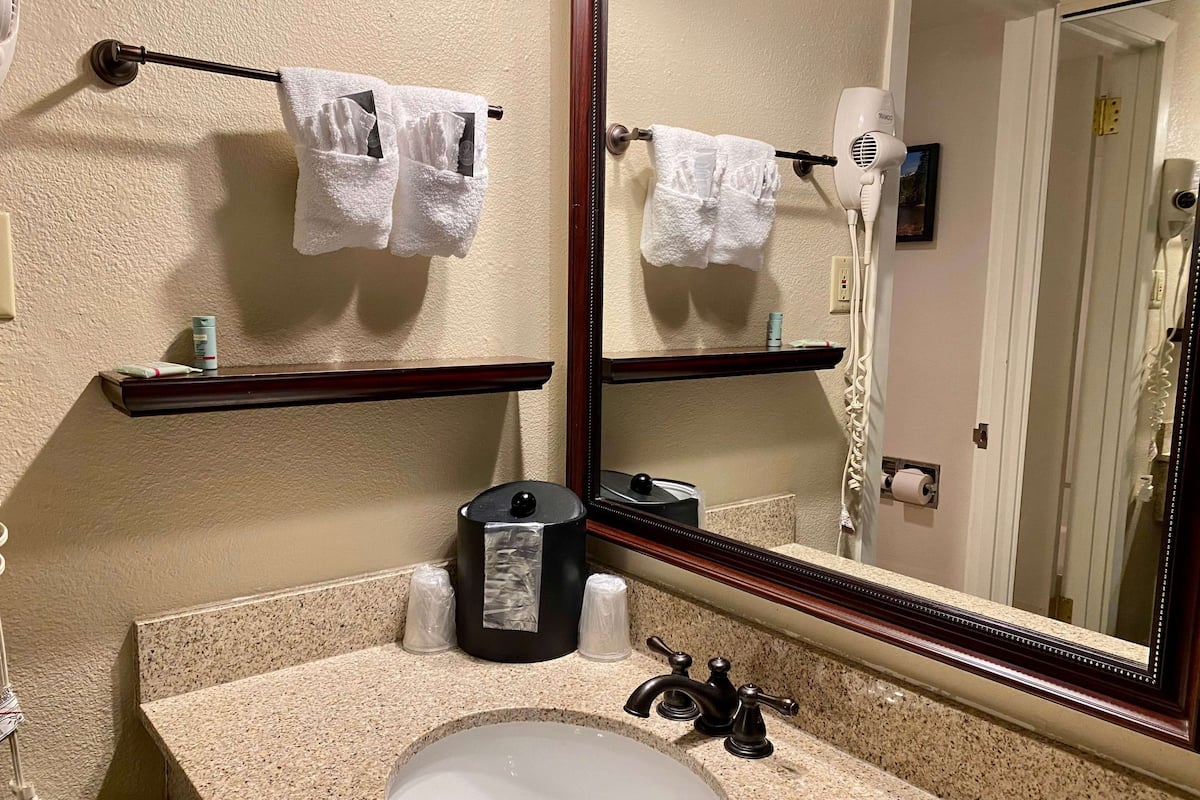 A bathroom with a sink, mirror, towel rack, and hairdryer.