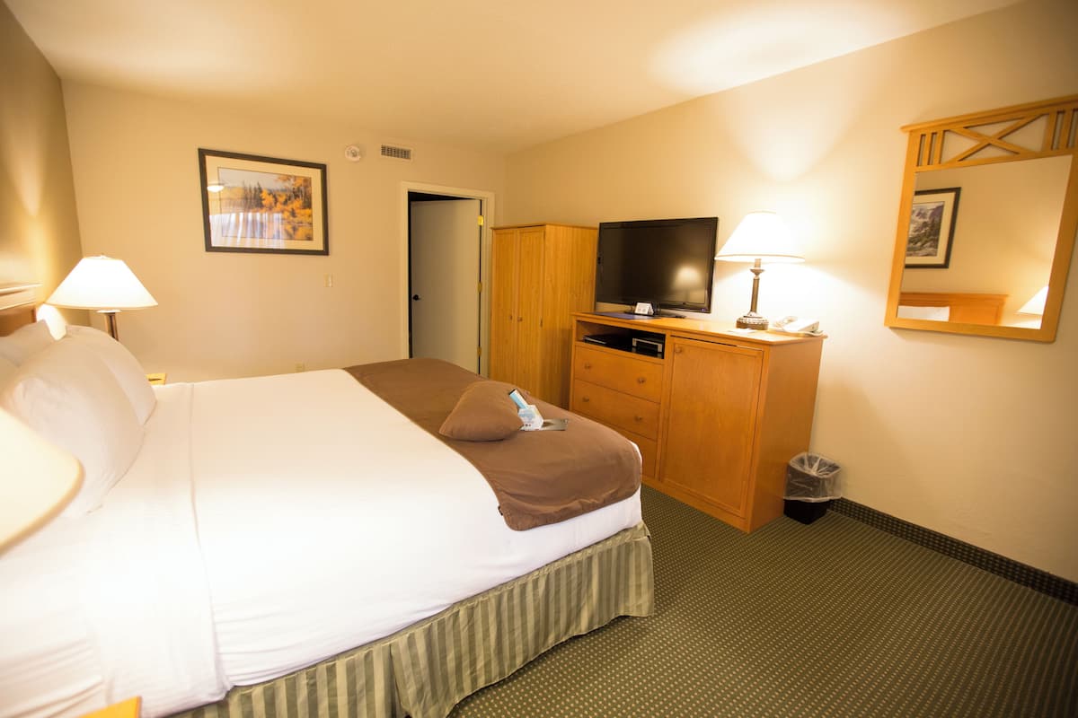 A hotel room with a bed, a television, a desk, and a mirror.