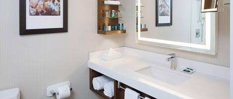 A modern bathroom with a white sink, a large mirror, a framed picture, and a towel rack.