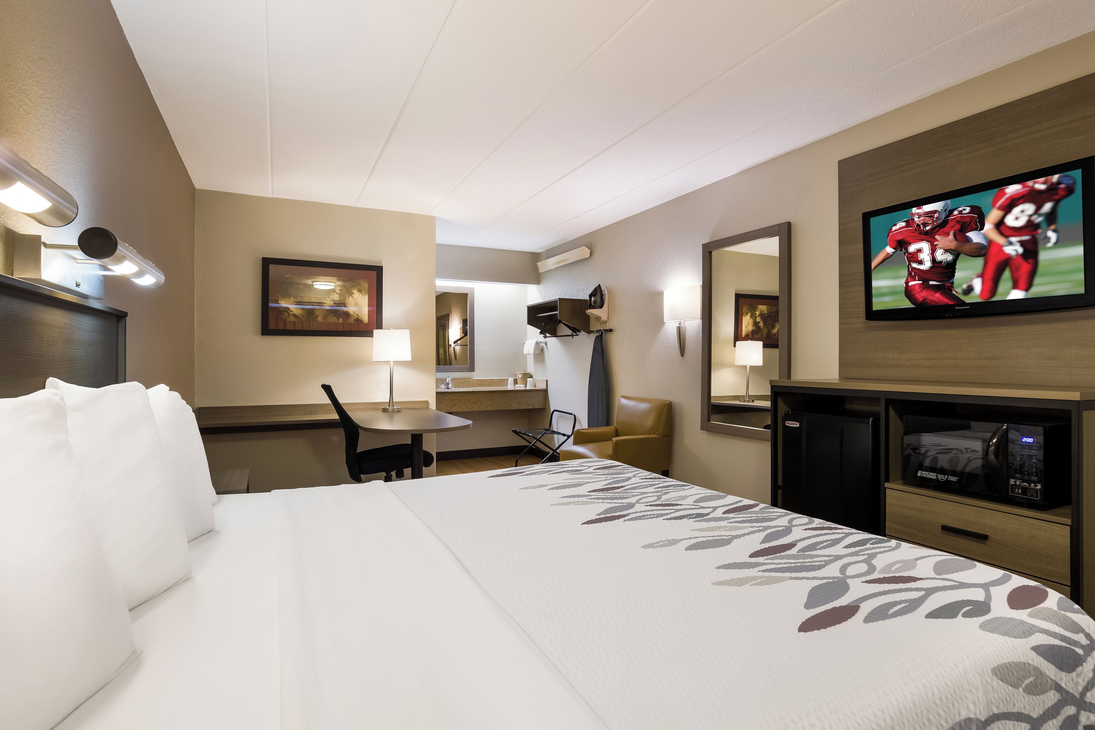 A hotel room with a bed, a desk, a chair, a television, and a microwave.