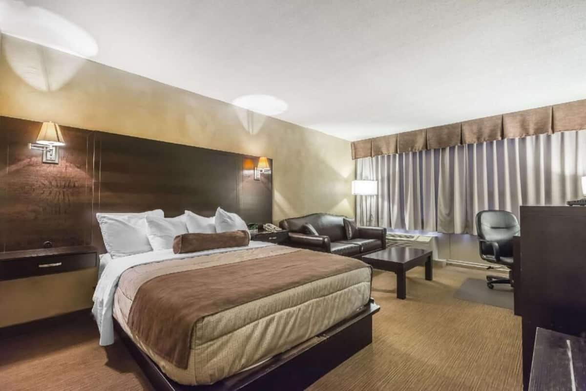 Una habitación de hotel con cama, escritorio, silla, televisor y lámpara.