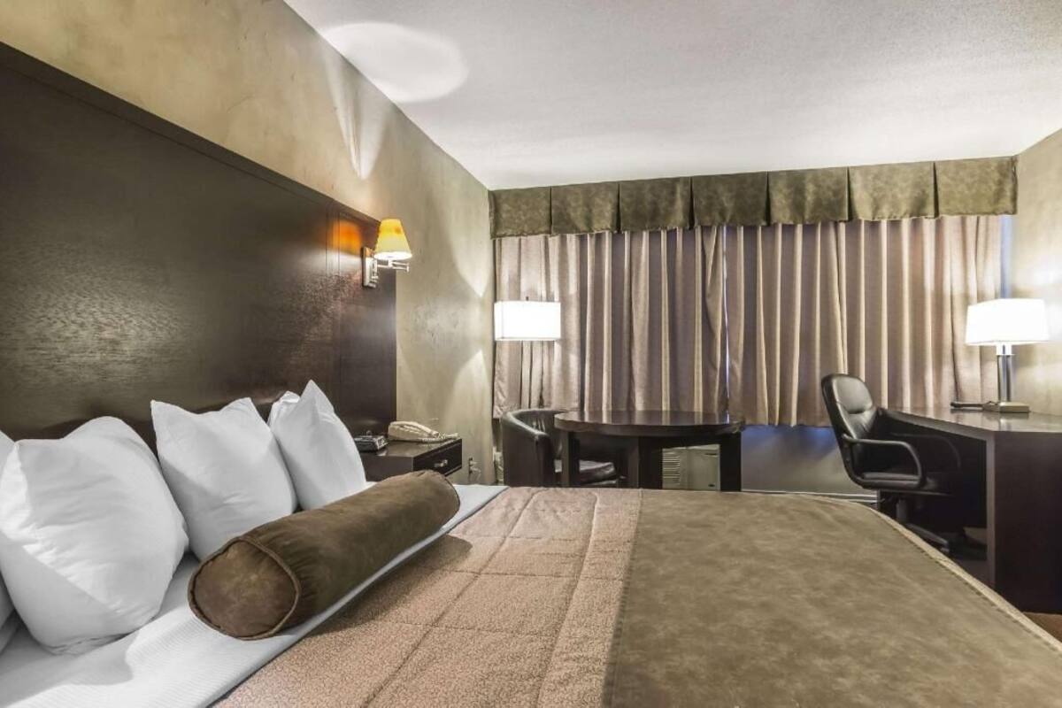 Una habitación de hotel con cama, escritorio, dos sillas, lámpara y ventana con cortinas.