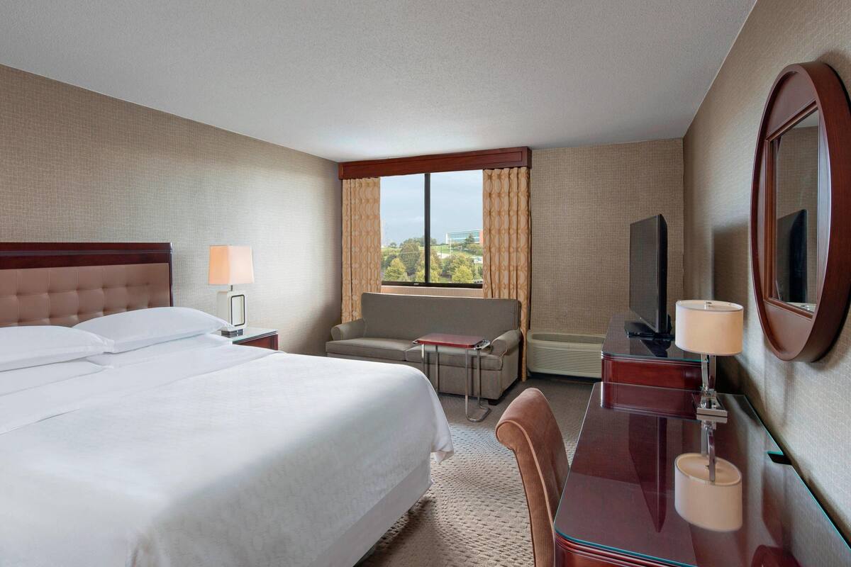 A hotel room with a large bed, a desk with a lamp, a television, and a view of the outdoors.