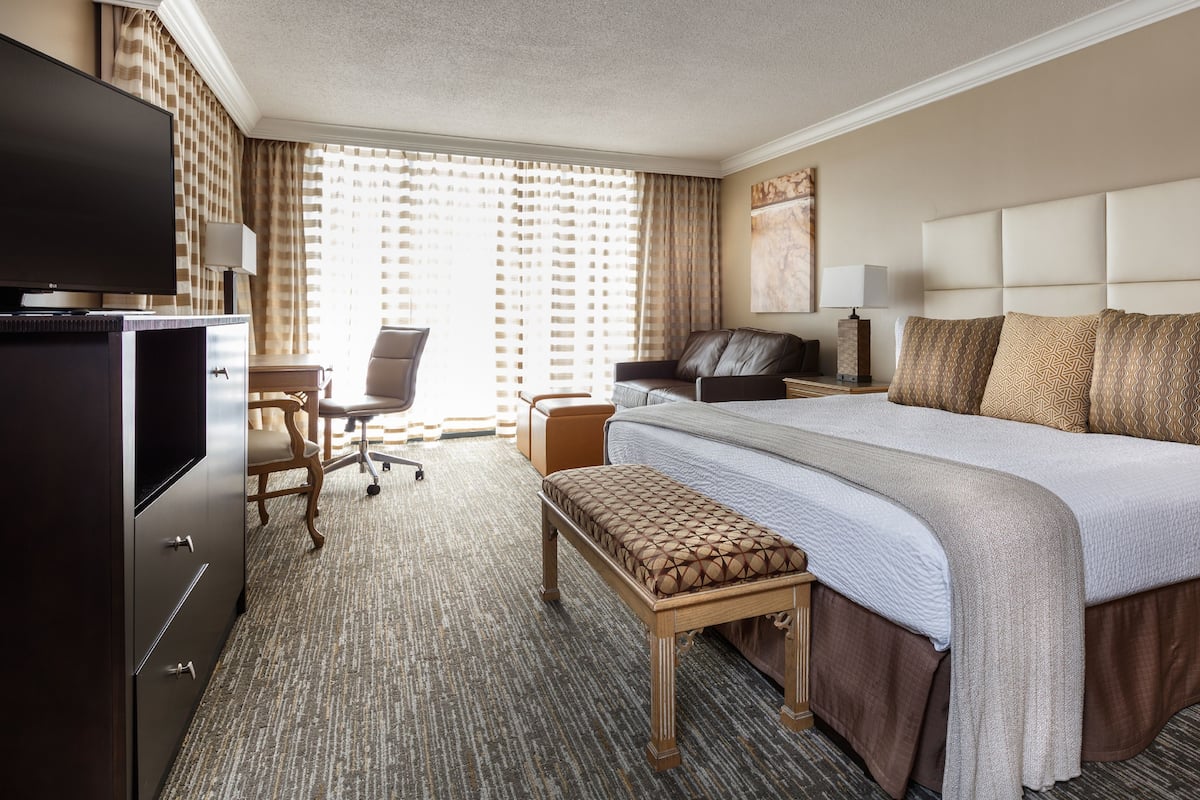 A hotel room with a large bed, a desk, a chair, a TV, and a window with curtains.