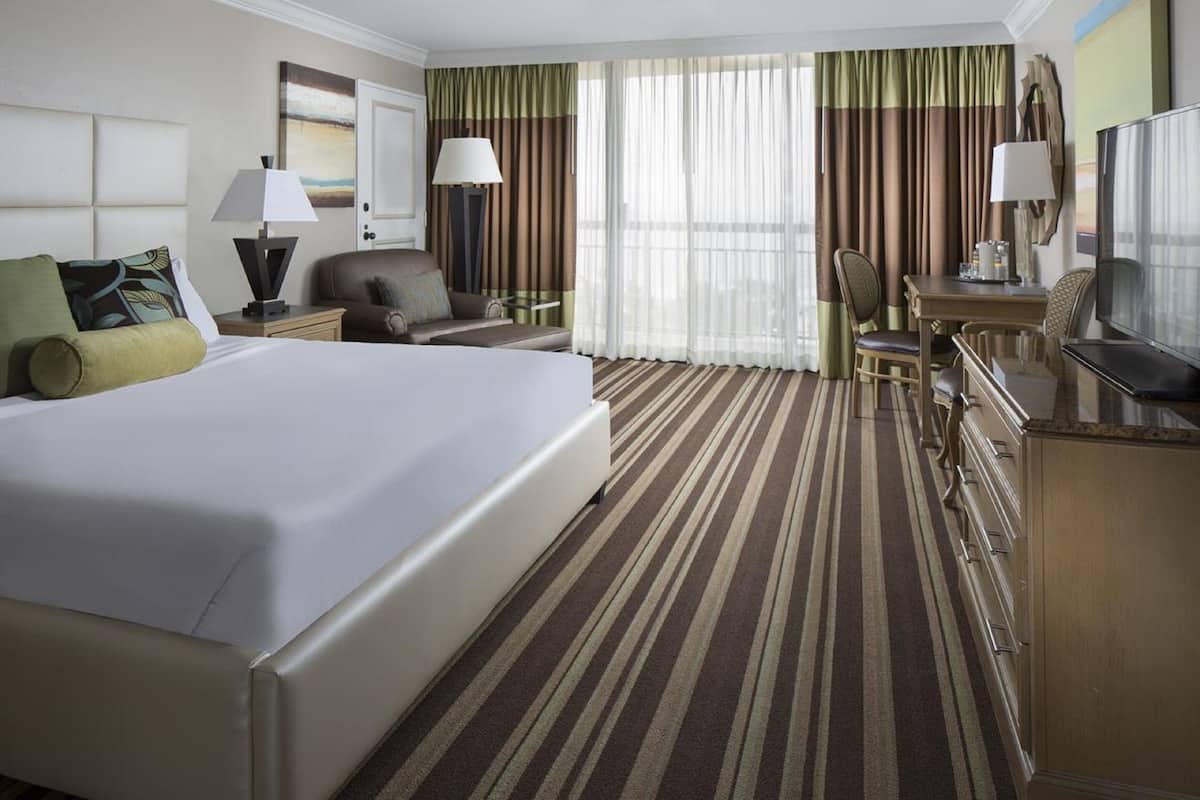 A hotel room with a large bed, a desk with a chair, a television, and a view of the outdoors through curtains.