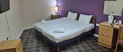A hotel room with a large bed, a desk, a chair, a TV, and a window.