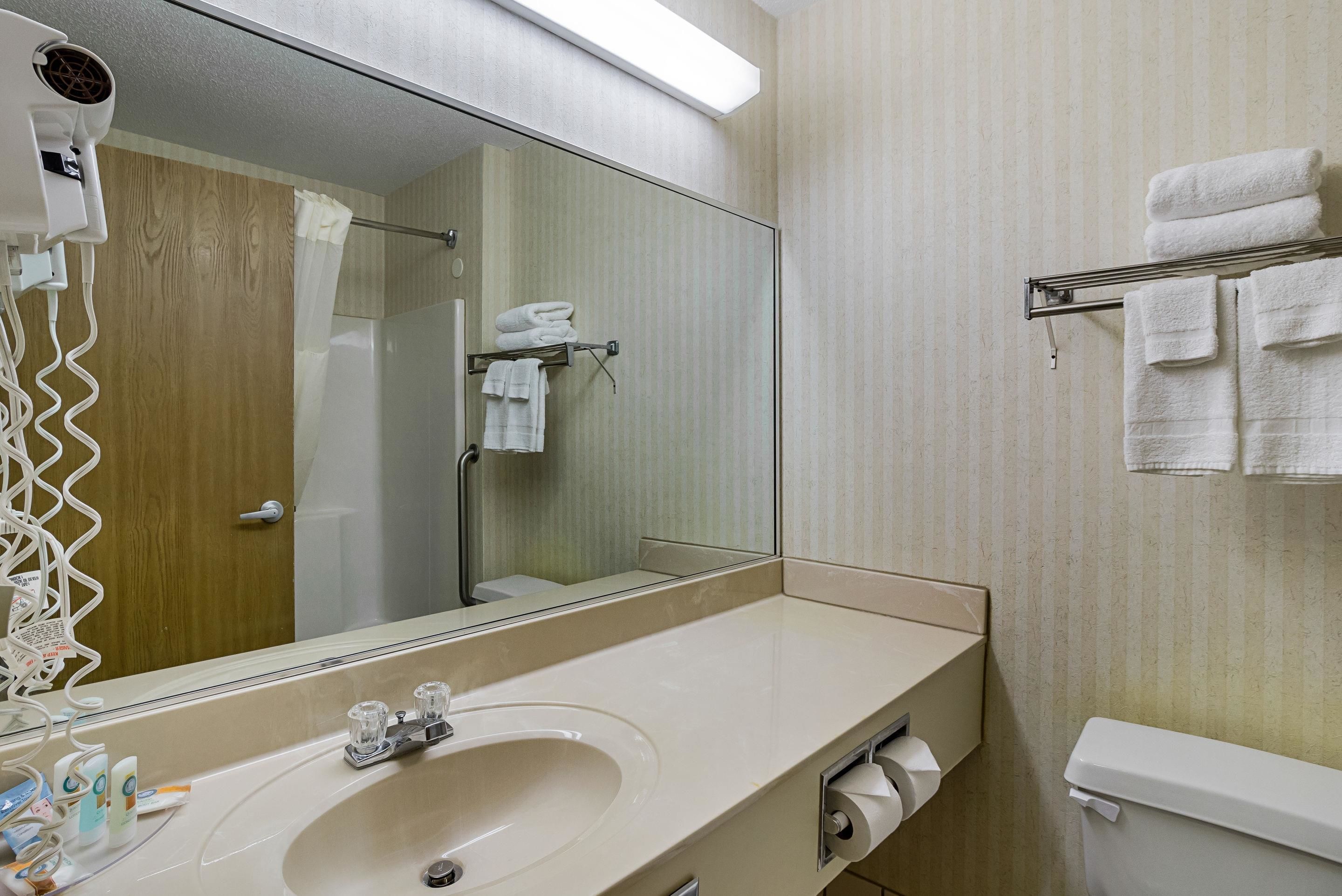 Une salle de bain avec un grand miroir, un lavabo, un porte-serviettes et des toilettes.