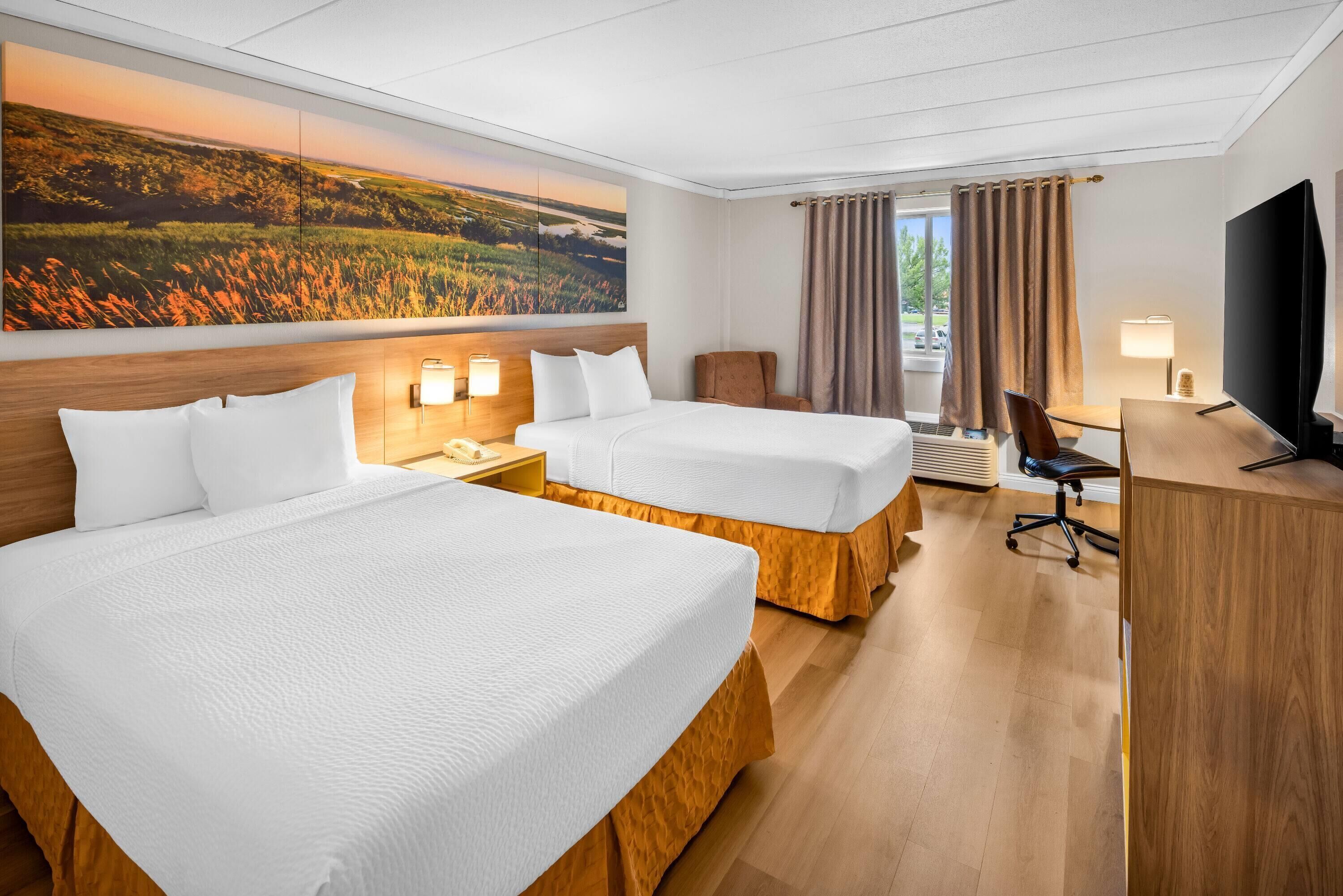 Room, 2 Double Beds | Desk, laptop workspace, blackout drapes, iron/ironing board