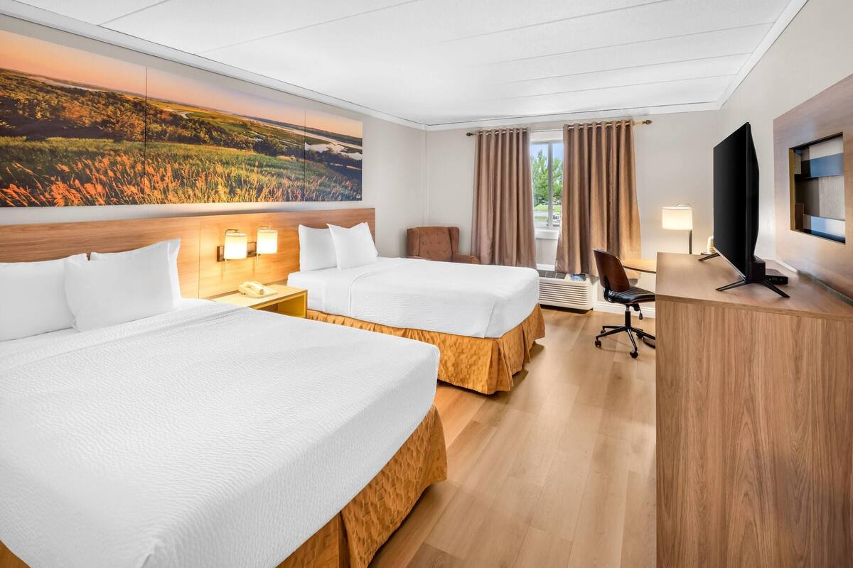 Room, 2 Double Beds | Desk, laptop workspace, blackout drapes, iron/ironing board