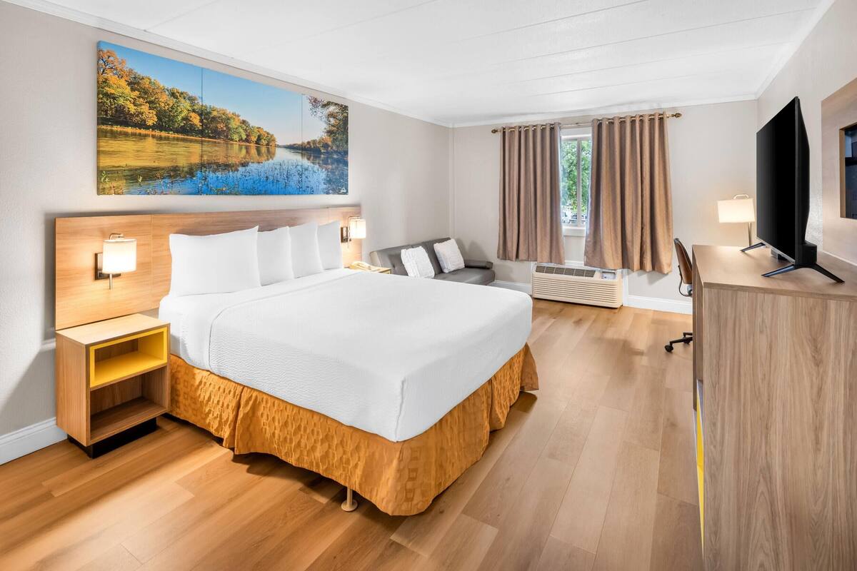 Room, 1 Queen Bed, Non Smoking | Desk, laptop workspace, blackout drapes, iron/ironing board