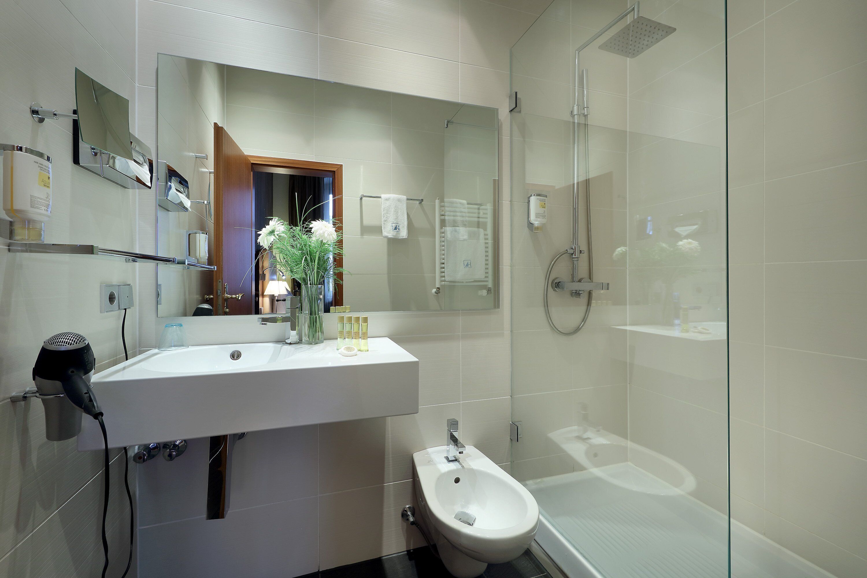 eco-friendly toiletries, hair dryer, towels