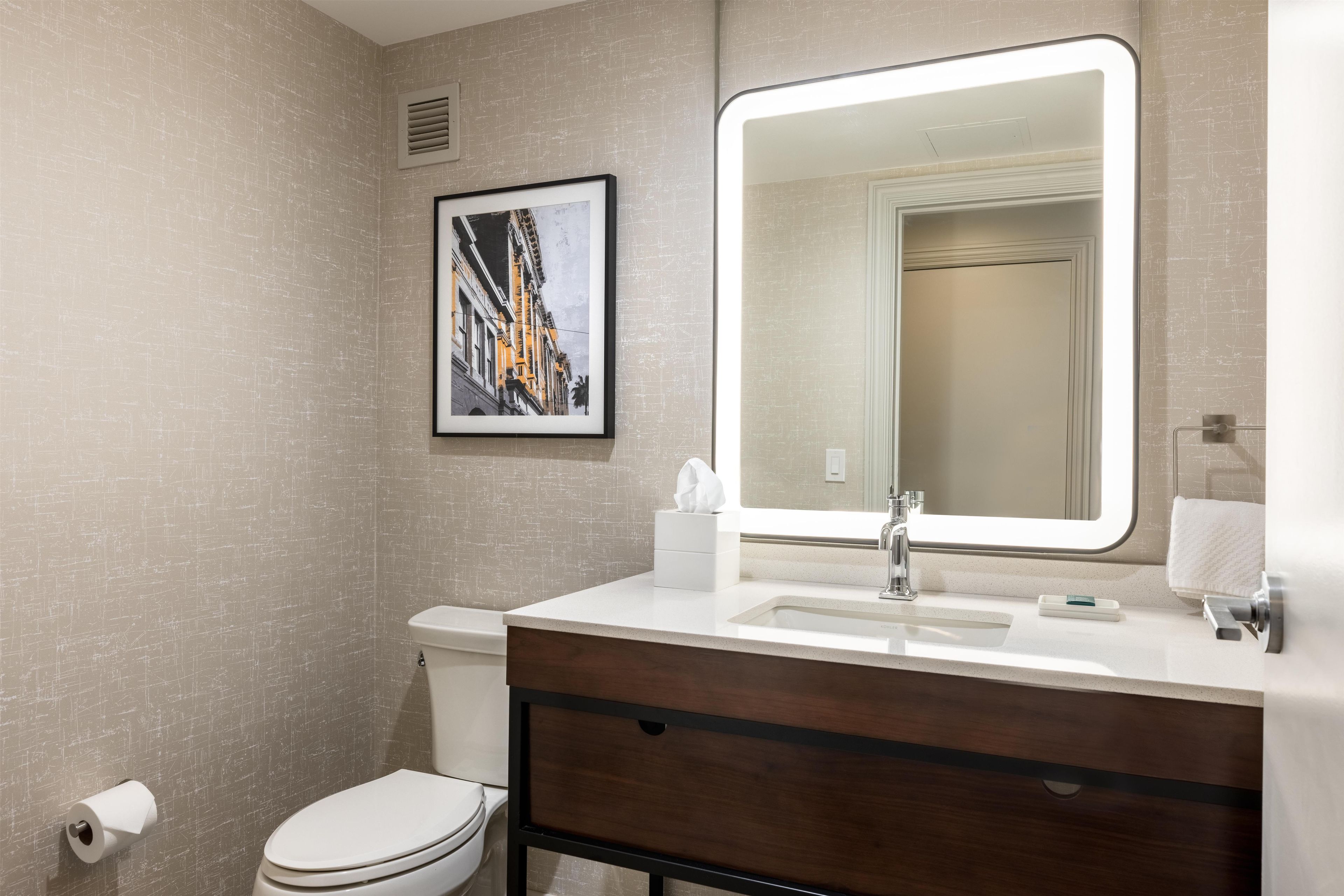 A bathroom with a toilet, sink, mirror, and a framed picture on the wall.