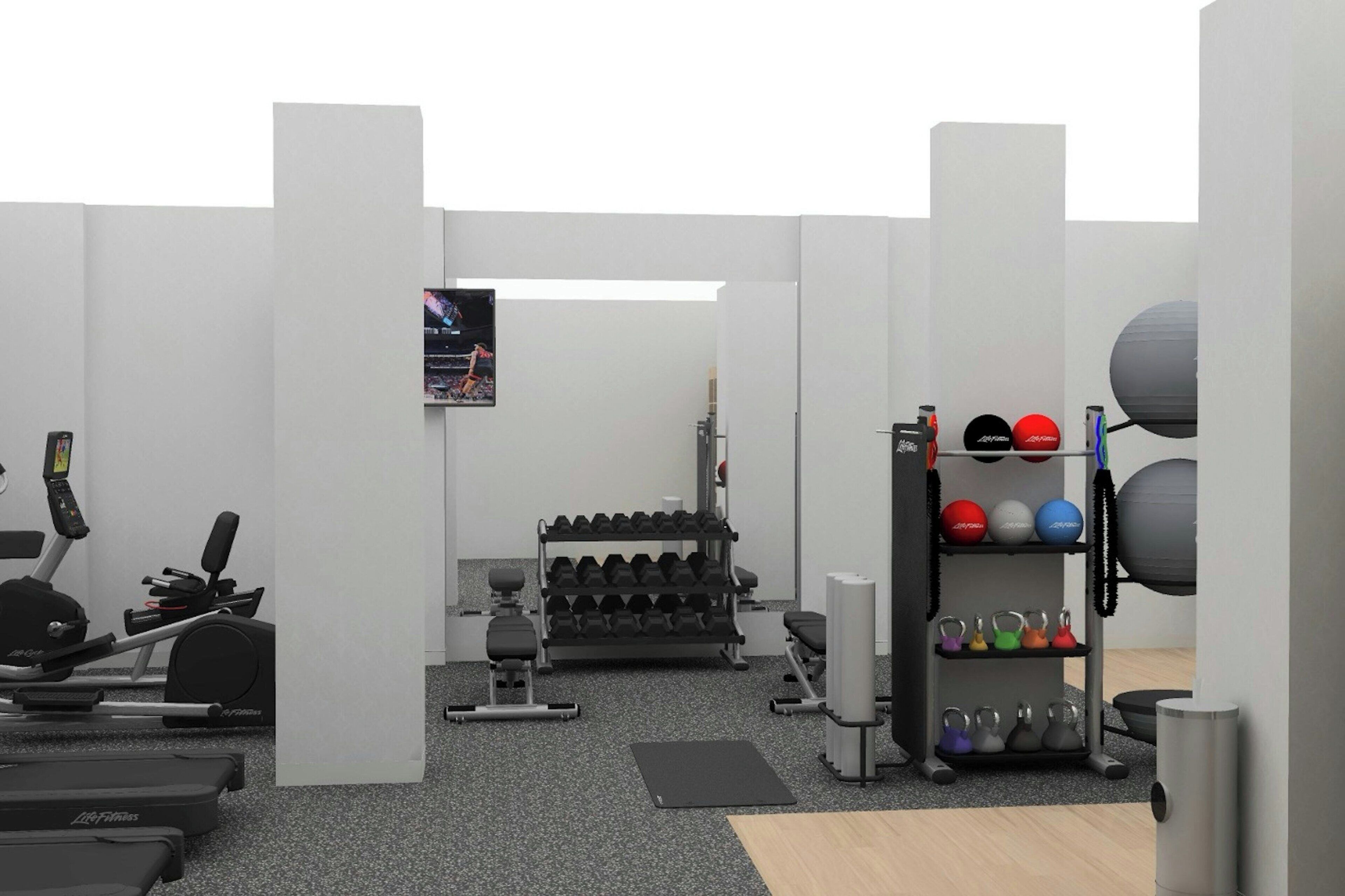 A gym with treadmills, dumbbells, kettlebells, and exercise balls.