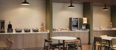 A modern restaurant with wooden paneling, a central island with a coffee machine, and seating arrangements.