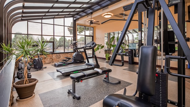 A gym with treadmills, weight machines, and dumbbells.