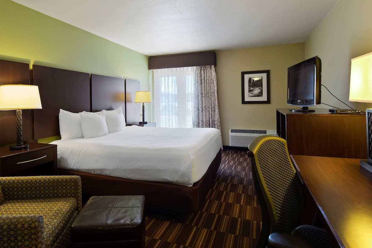 A hotel room with a large bed, two bedside lamps, a television, a desk with a chair, and a patterned armchair.