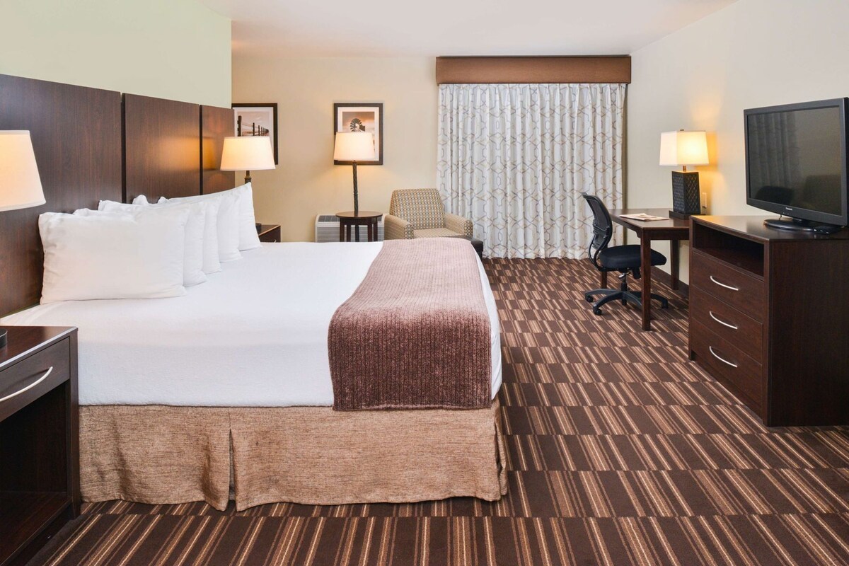 A hotel room with a large bed, a desk with a chair, a television, and two lamps.