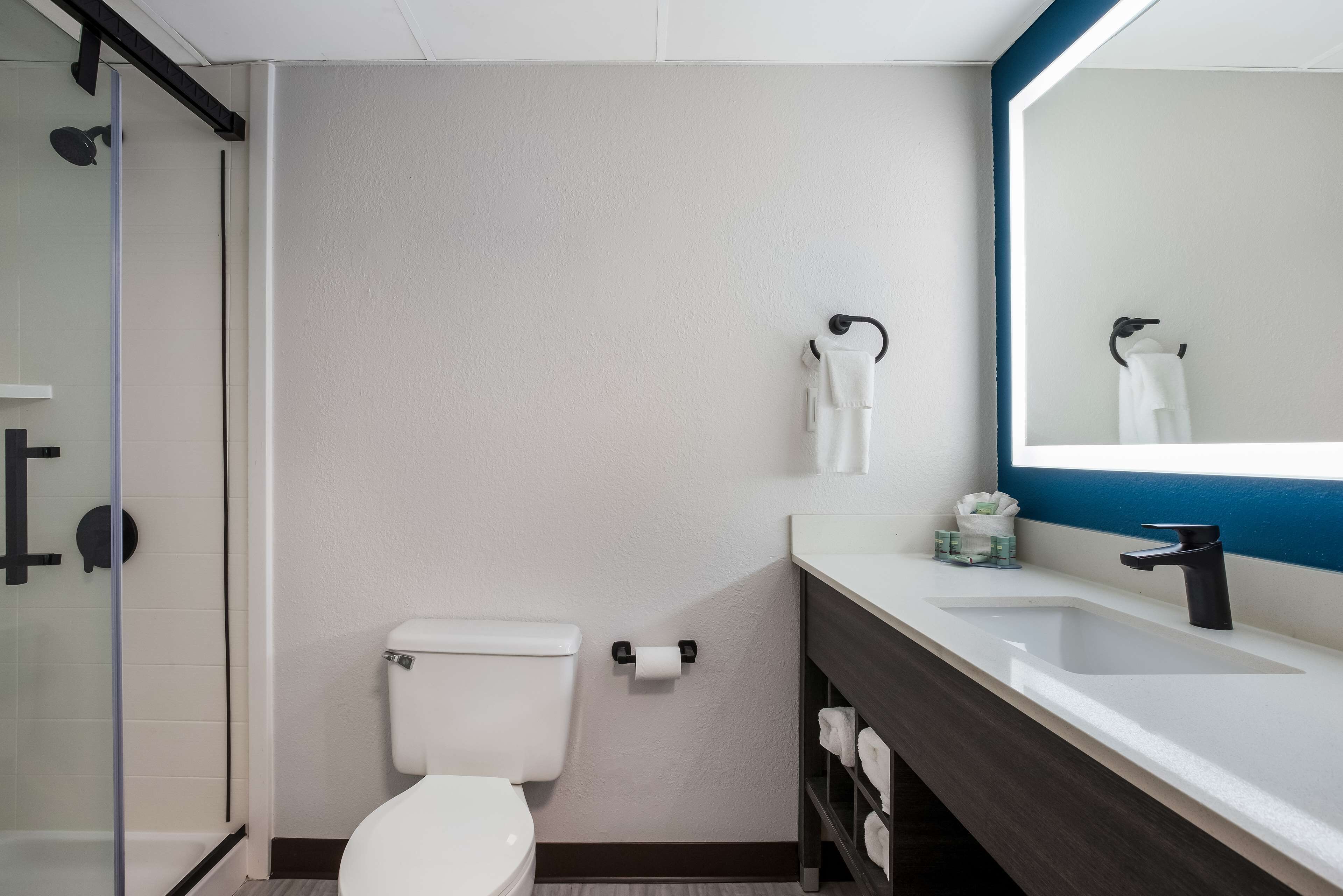 Un baño moderno con cabina de ducha de vidrio, inodoro blanco, lavamanos con encimera oscura y espejo con pared de acento azul.
