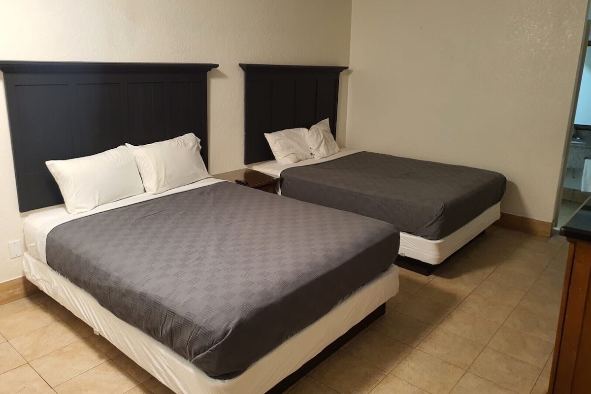 A hotel room with two beds, each with a dark headboard and white bedding.