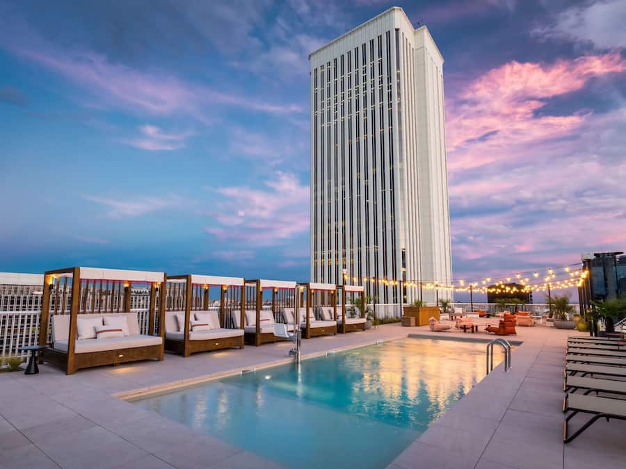 Seasonal outdoor pool, pool loungers