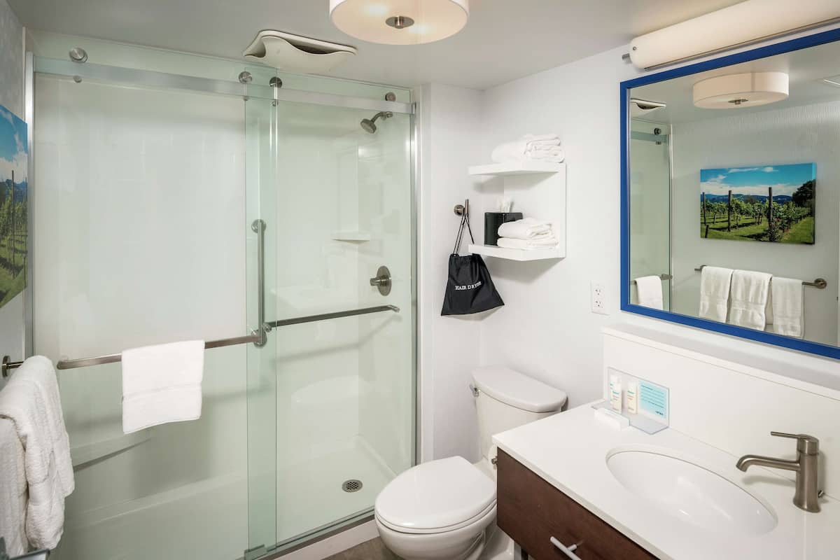 A modern bathroom with a glass-enclosed shower, a white toilet, a sink with a mirror, and a towel rack.
