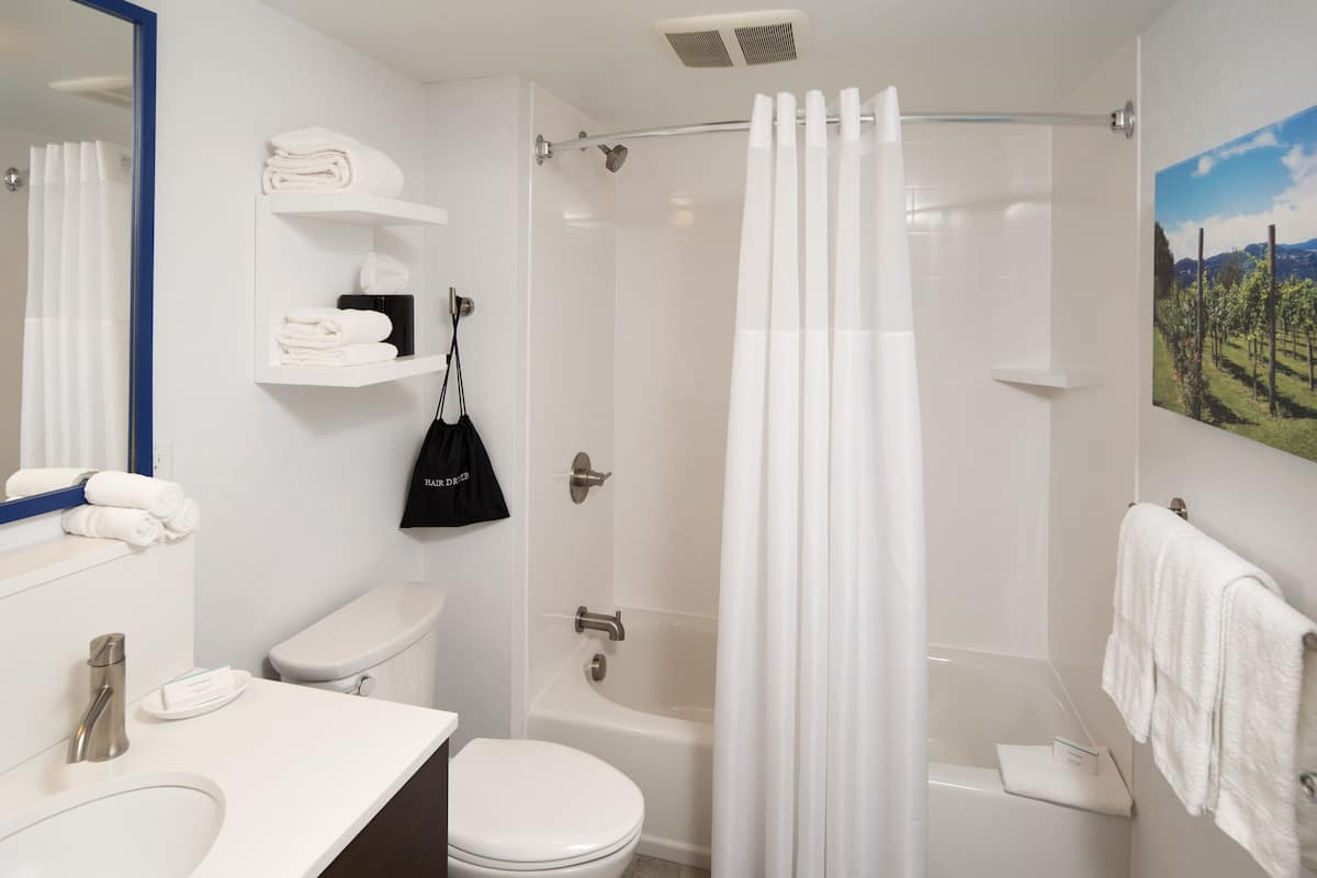 A modern bathroom with a shower, toilet, sink, and a towel rack.