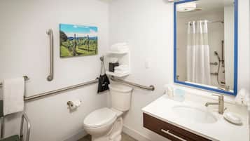 Un bagno con il water, un lavandino, uno specchio, un porta asciugamani e un quadro appeso al muro.