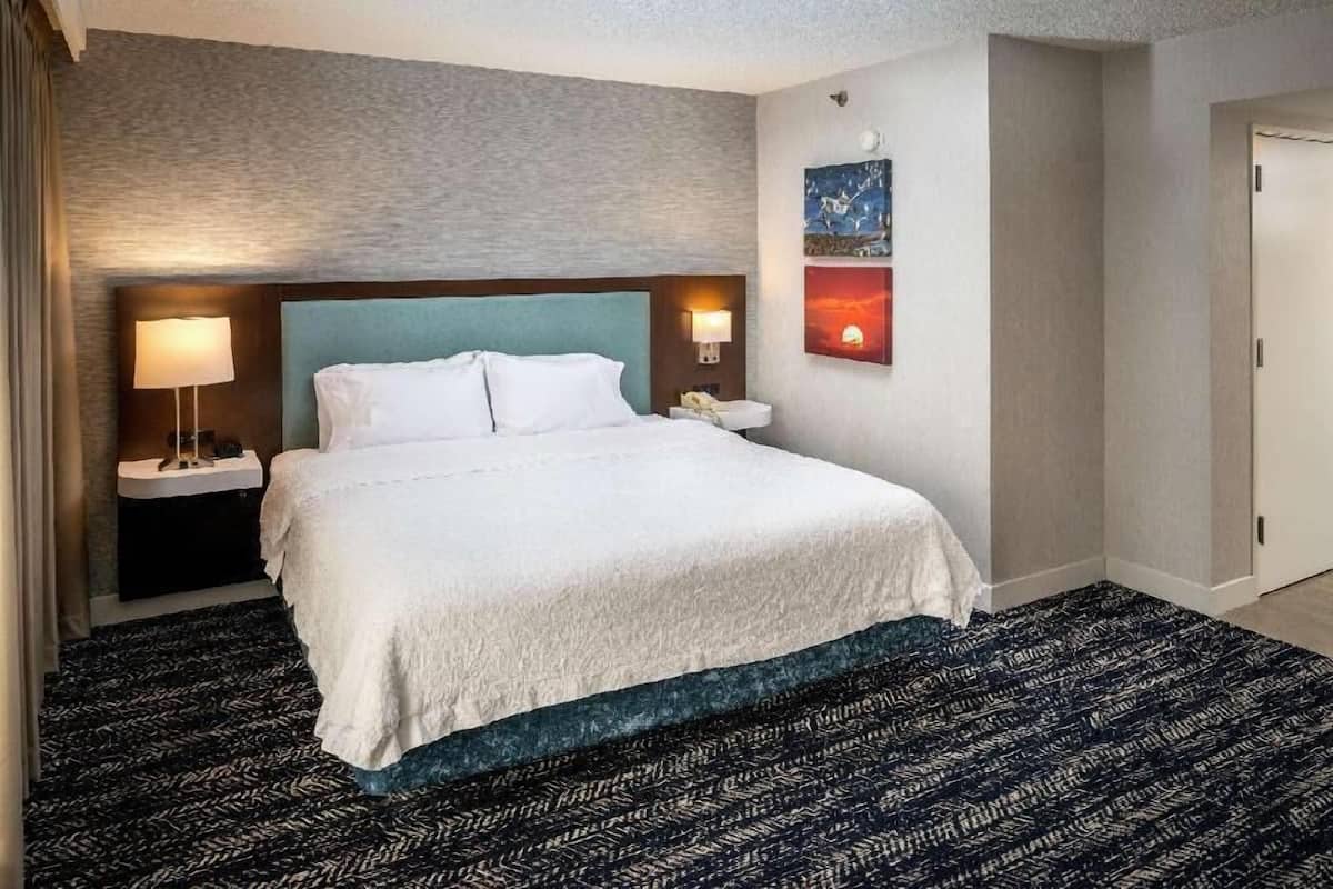 A hotel room with a bed, a nightstand, a lamp, a wall-mounted artwork, and a door.